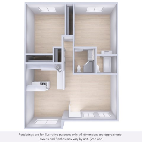 Floor plan for 2 beds, 2 baths, 864 sqft